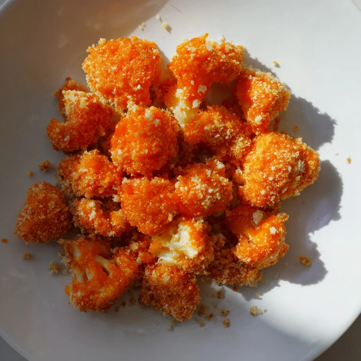 A platter of Crispy Baked Cauliflower Bites with Buffalo Sauce glistening with tangy orange sauce and herbs.