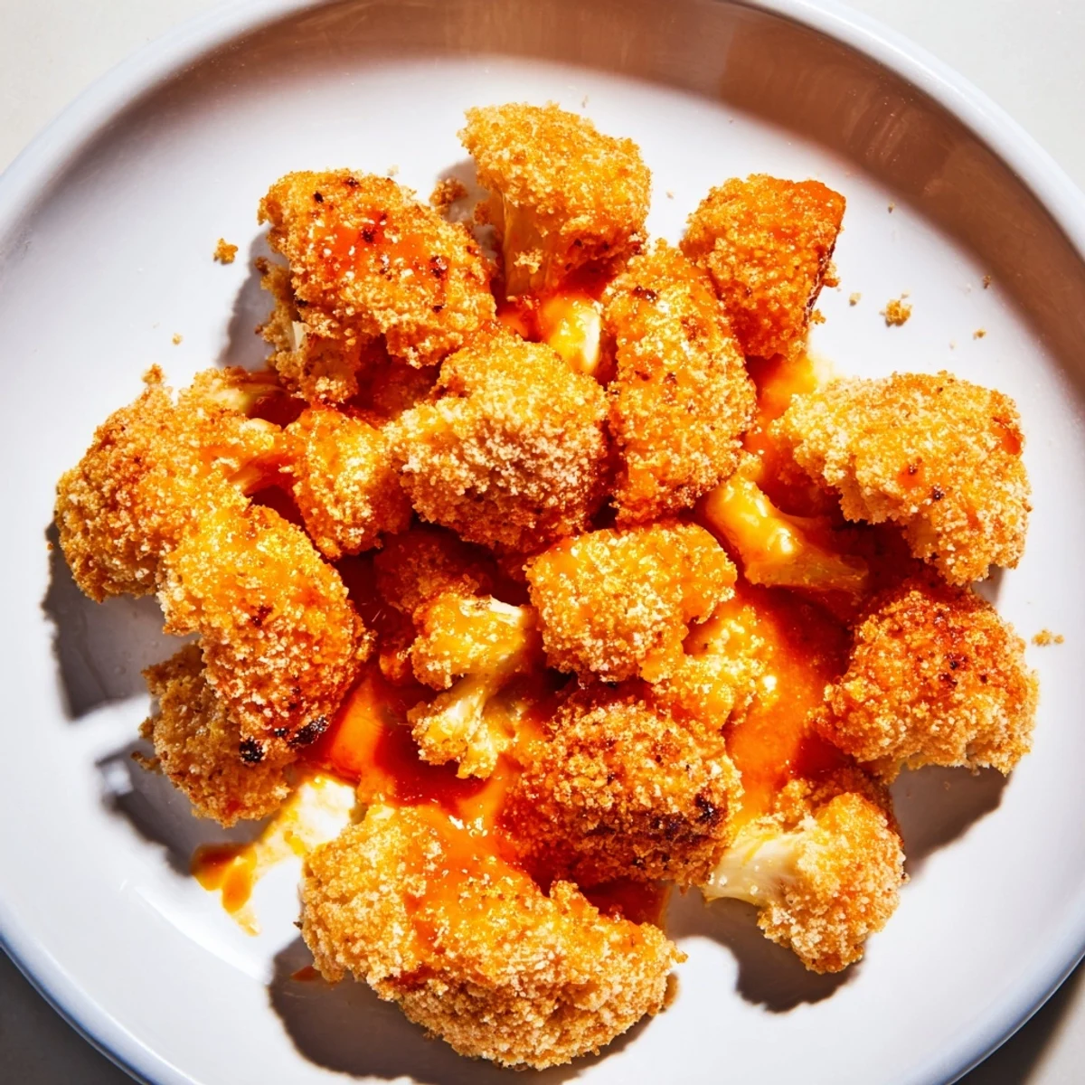 Crispy Baked Cauliflower Bites with Buffalo Sauce piled high on a white plate, ready to be enjoyed.