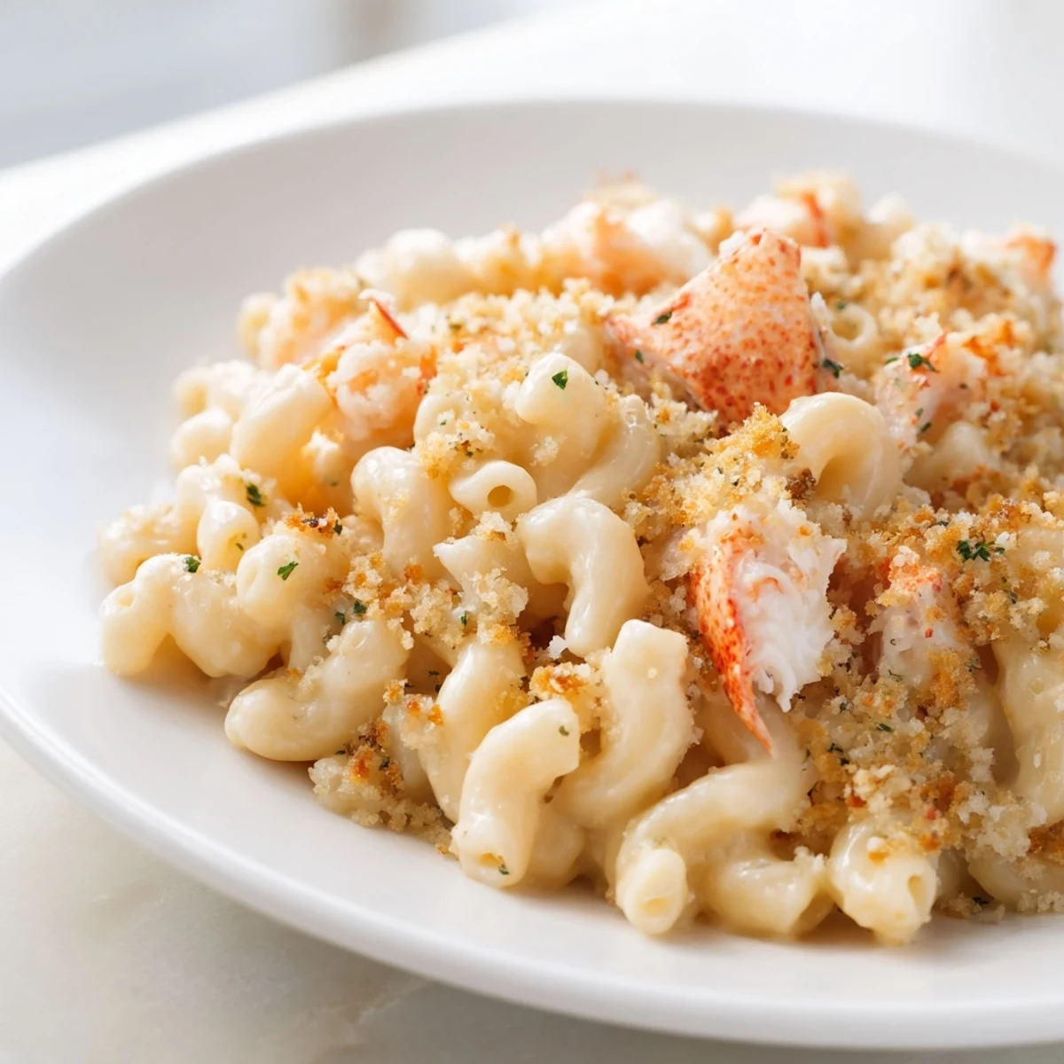 Golden-brown herbed breadcrumbs top a bubbling dish of Lobster Macaroni and Cheese, served fresh from the oven.
