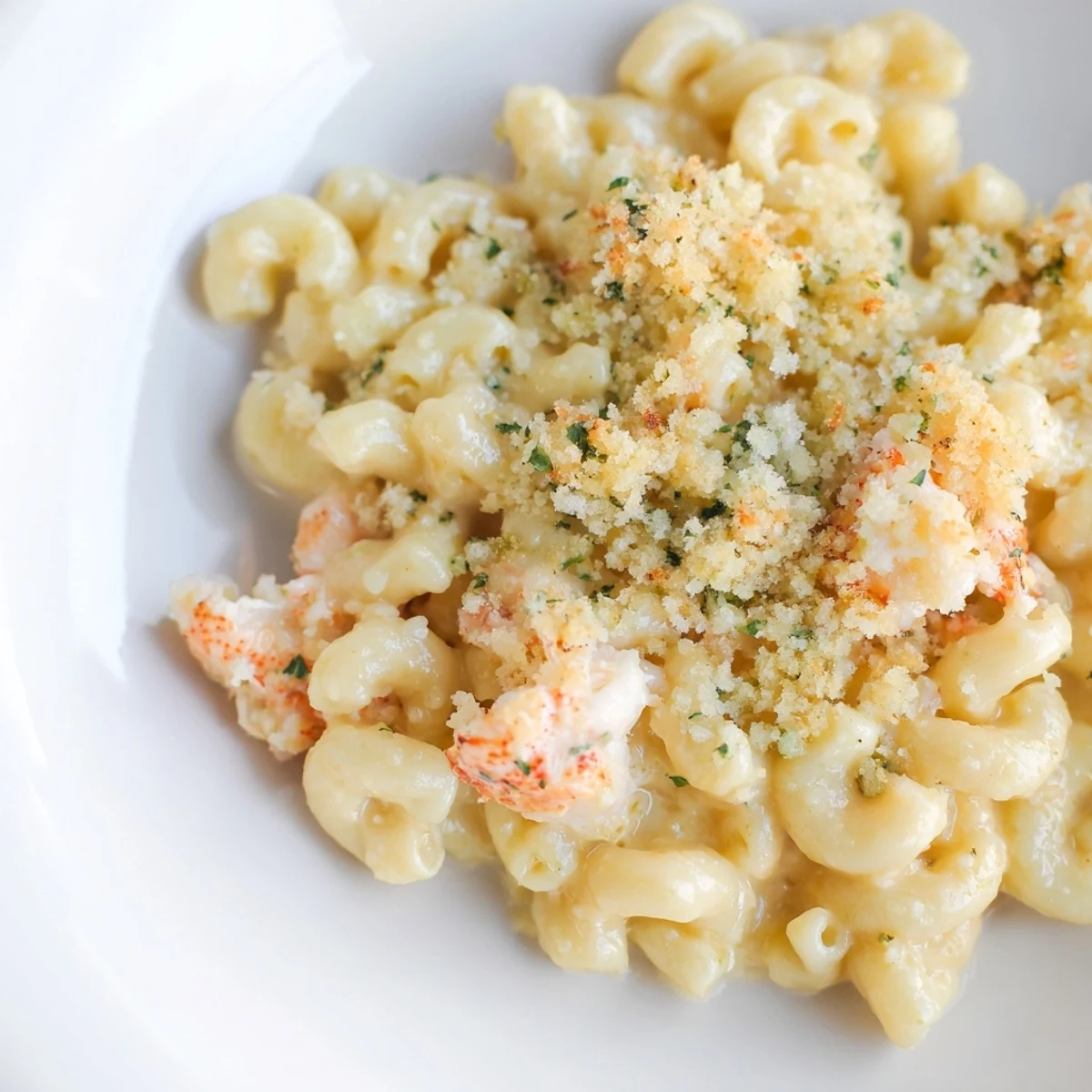 A close-up view of Lobster Macaroni and Cheese reveals a golden, crispy breadcrumb topping and cheesy interior.