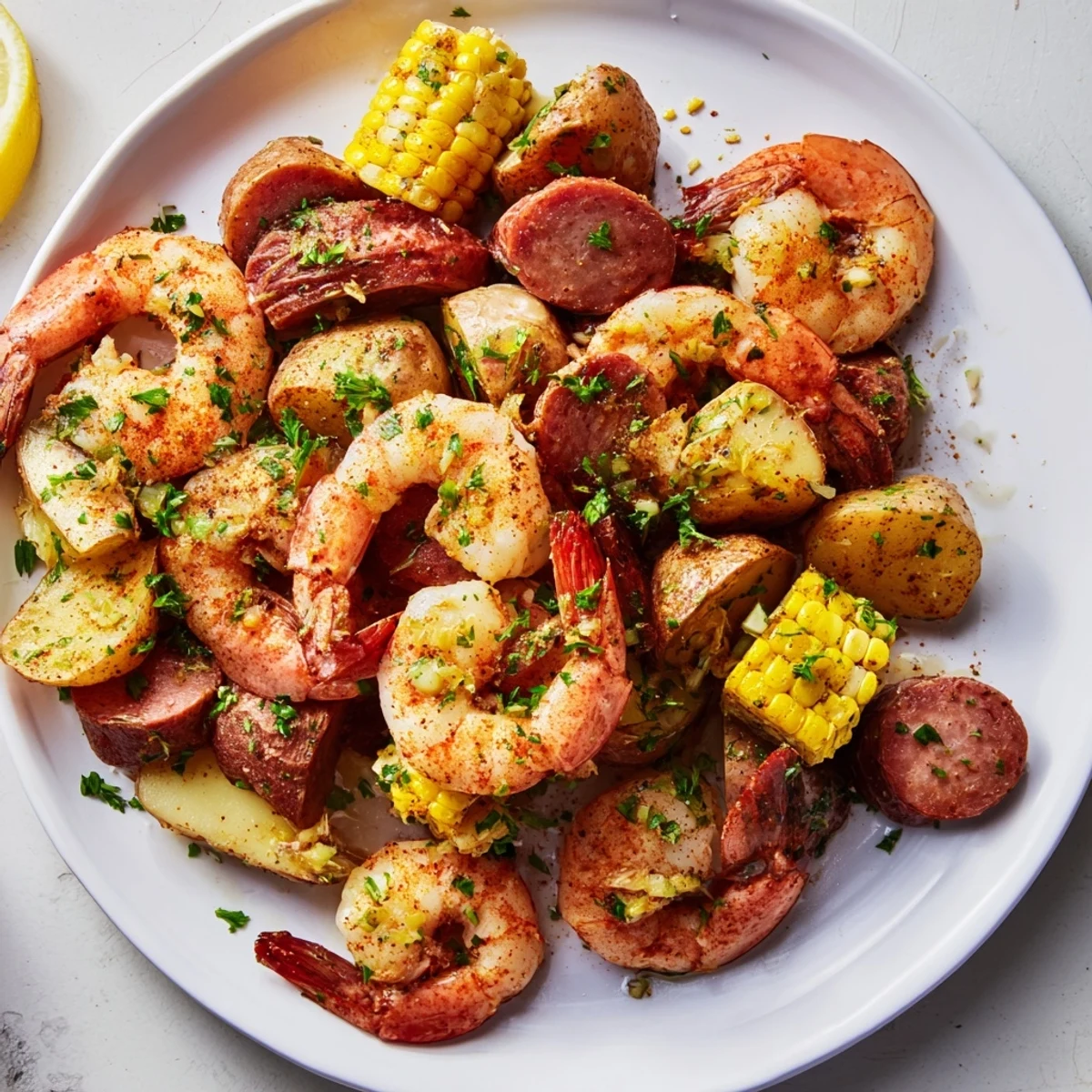 Golden roasted potatoes, sweet corn, and spicy sausage mingle with shrimp in this vibrant sheet pan shrimp boil, finished with parsley.