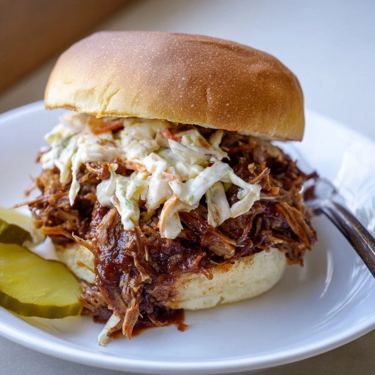 Tender slow-cooked beef brisket piled on soft slider buns, topped with creamy coleslaw and tangy dill pickles for a juicy bite.