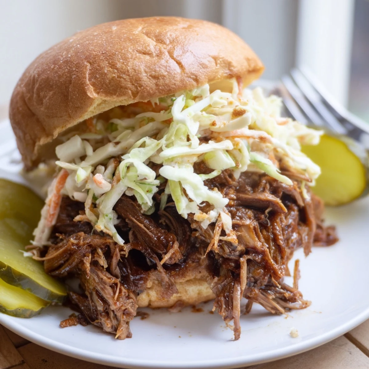 Golden slider buns cradle shredded barbecue beef, crisp pickles, and creamy slaw, perfect for a casual weeknight dinner or game-day party.
