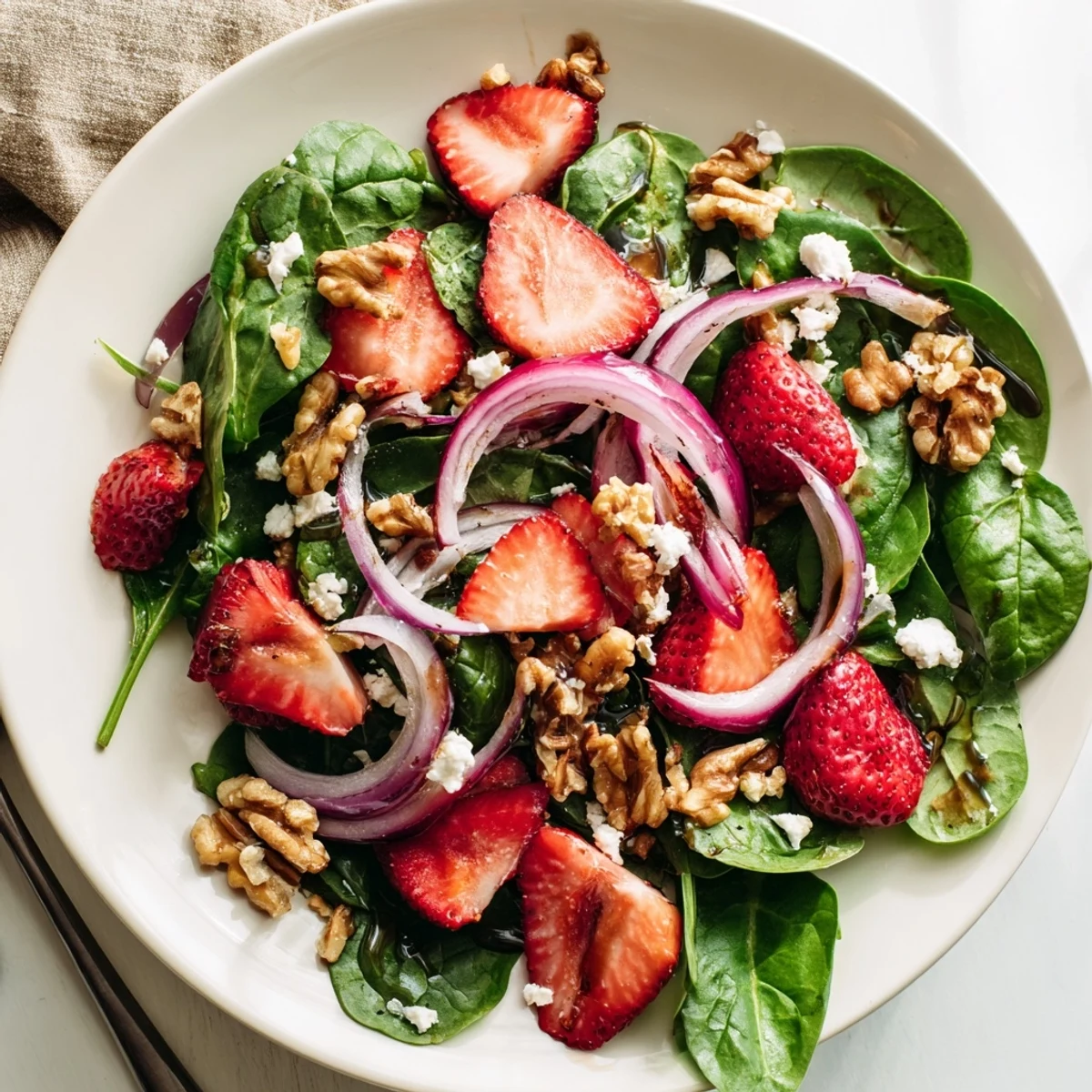 A vibrant Strawberry Walnut Spinach Salad with balsamic vinaigrette features glistening red berries and toasted nuts on fresh greens.