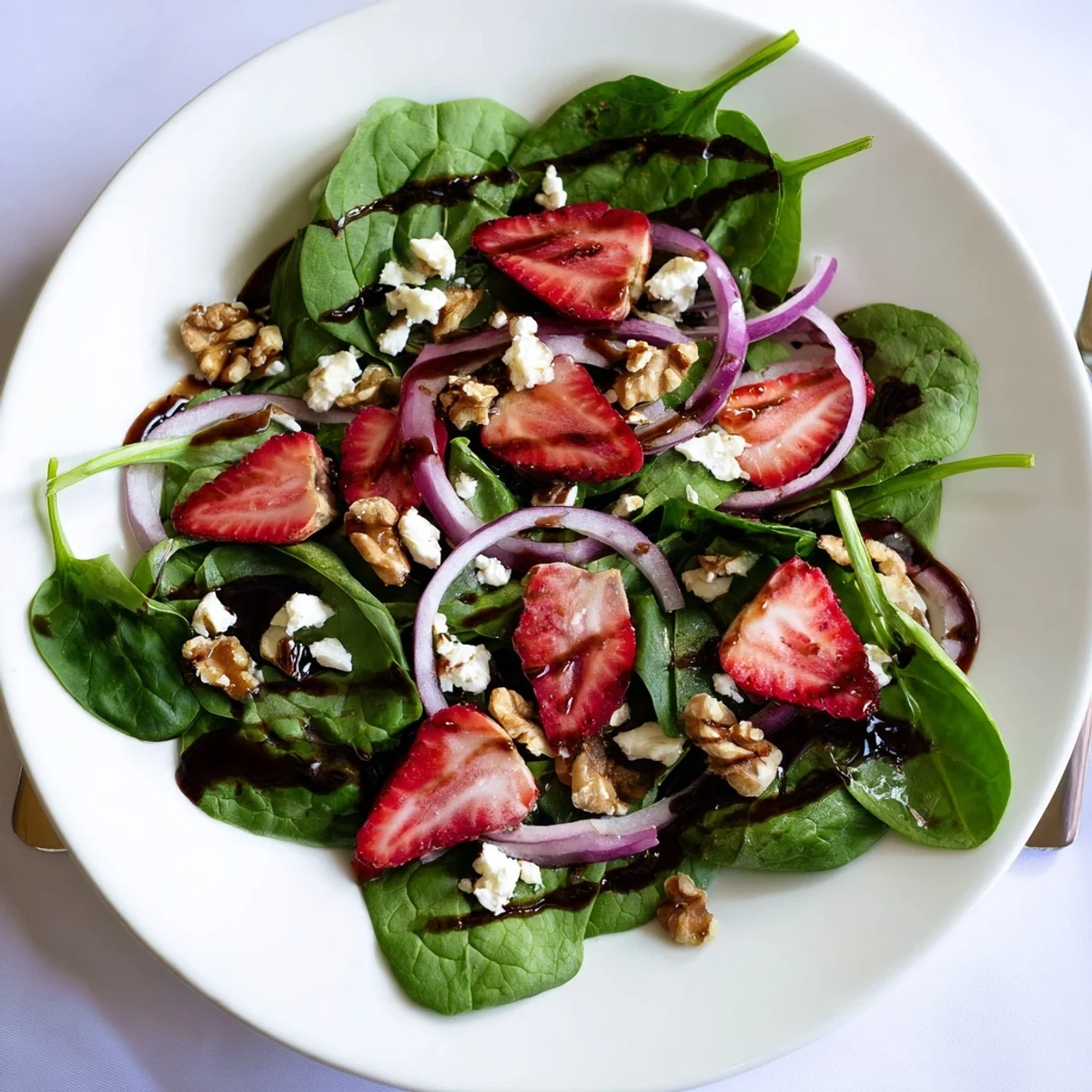 Close-up of a colorful Strawberry Walnut Spinach Salad, drizzled with glossy balsamic dressing and ready for a light lunch.
