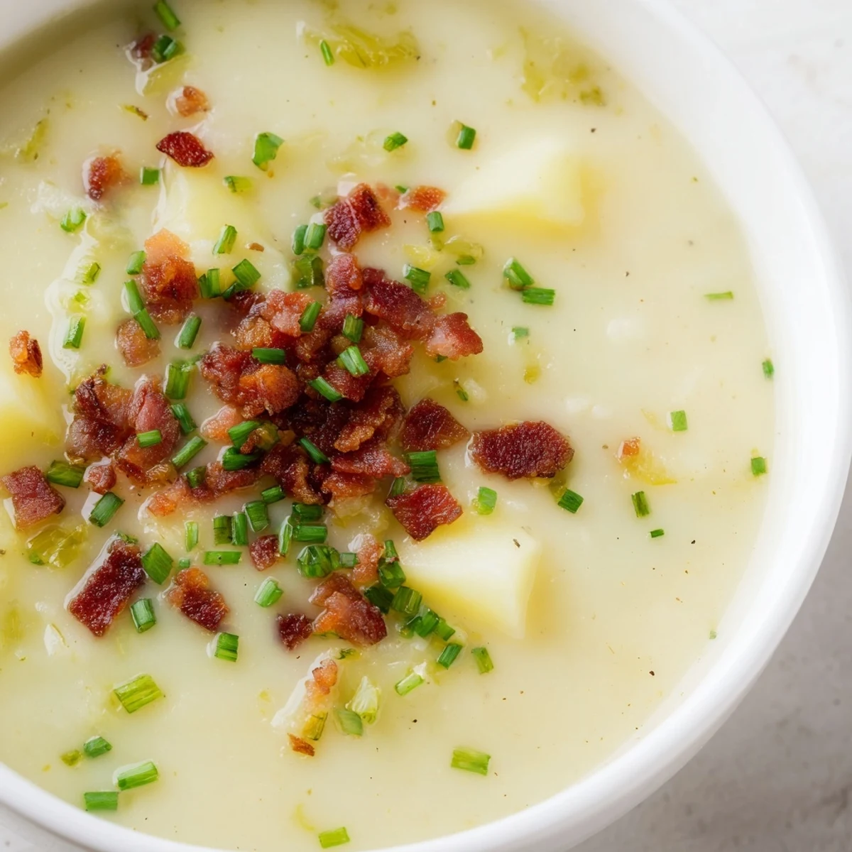 Creamy Potato and Leek Soup with Turkey Bacon served in a rustic bowl, topped with crispy bacon bits and fresh chives.