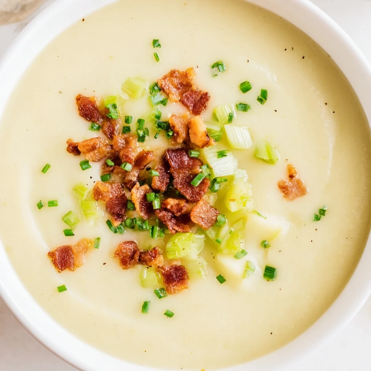 A close-up of Creamy Potato and Leek Soup with Turkey Bacon, its velvety texture glistening with olive oil and pepper.