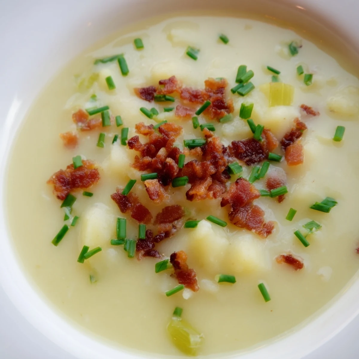 Rich Creamy Potato and Leek Soup with Turkey Bacon paired with crusty sourdough bread for a cozy lunch.