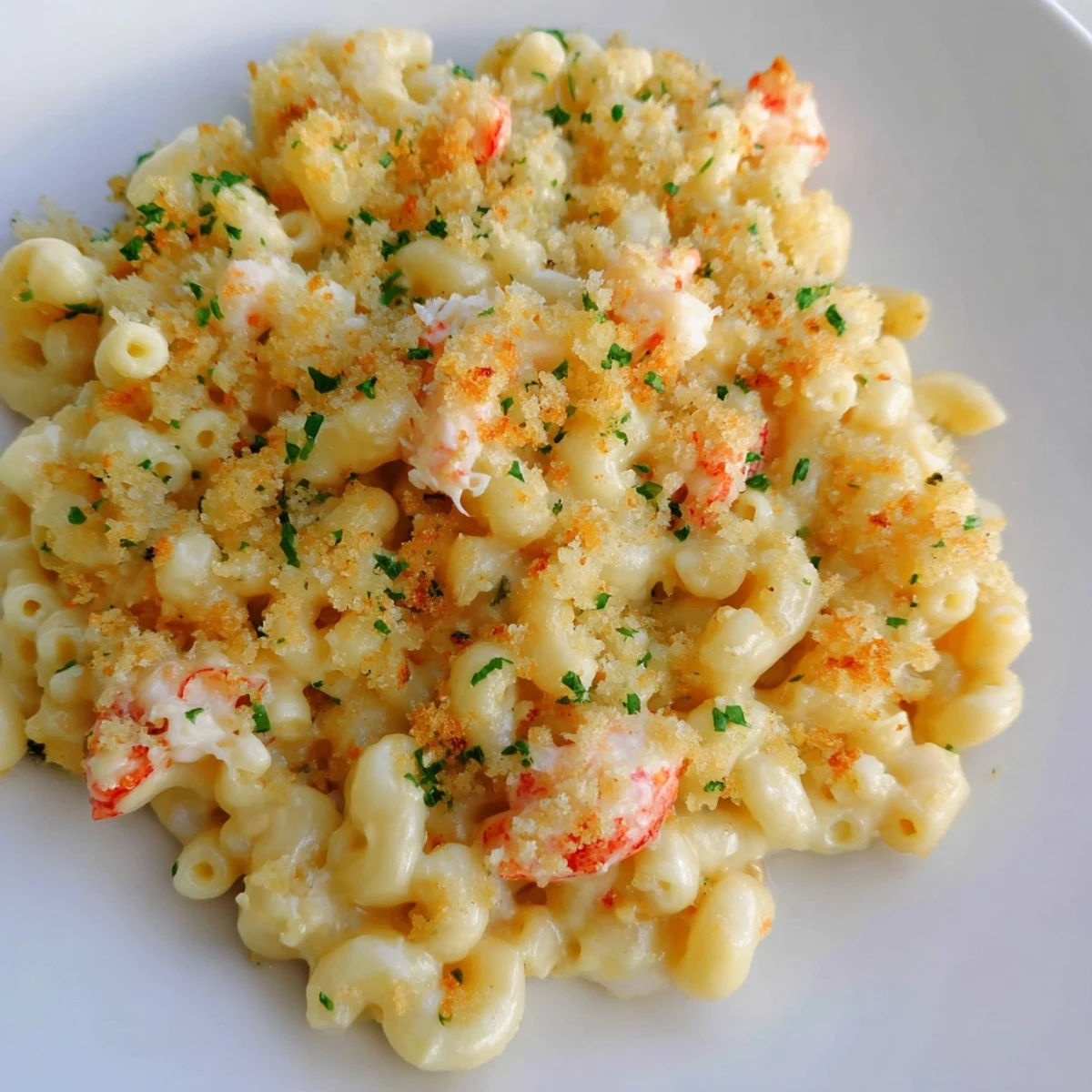 Golden-baked Lobster Macaroni and Cheese with herbed breadcrumbs bubbling in a ceramic dish.