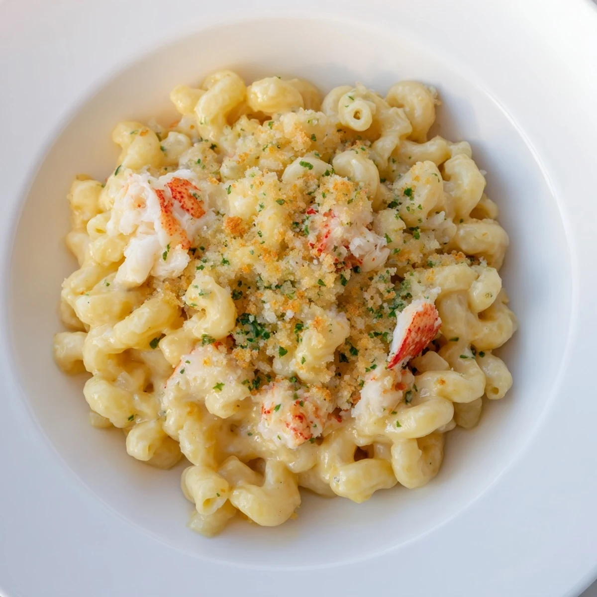 Crumbled herbed breadcrumbs top creamy Lobster Macaroni and Cheese served in a baking dish.