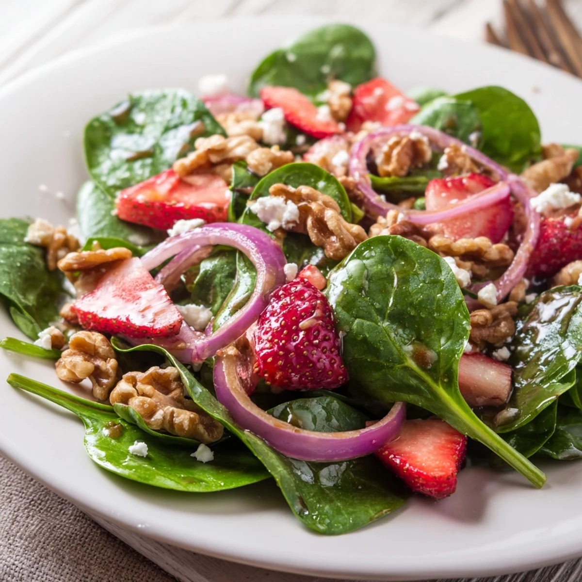 Sliced red onion and crumbled feta cheese top the Strawberry Walnut Spinach Salad with Balsamic on a rustic wooden table.
