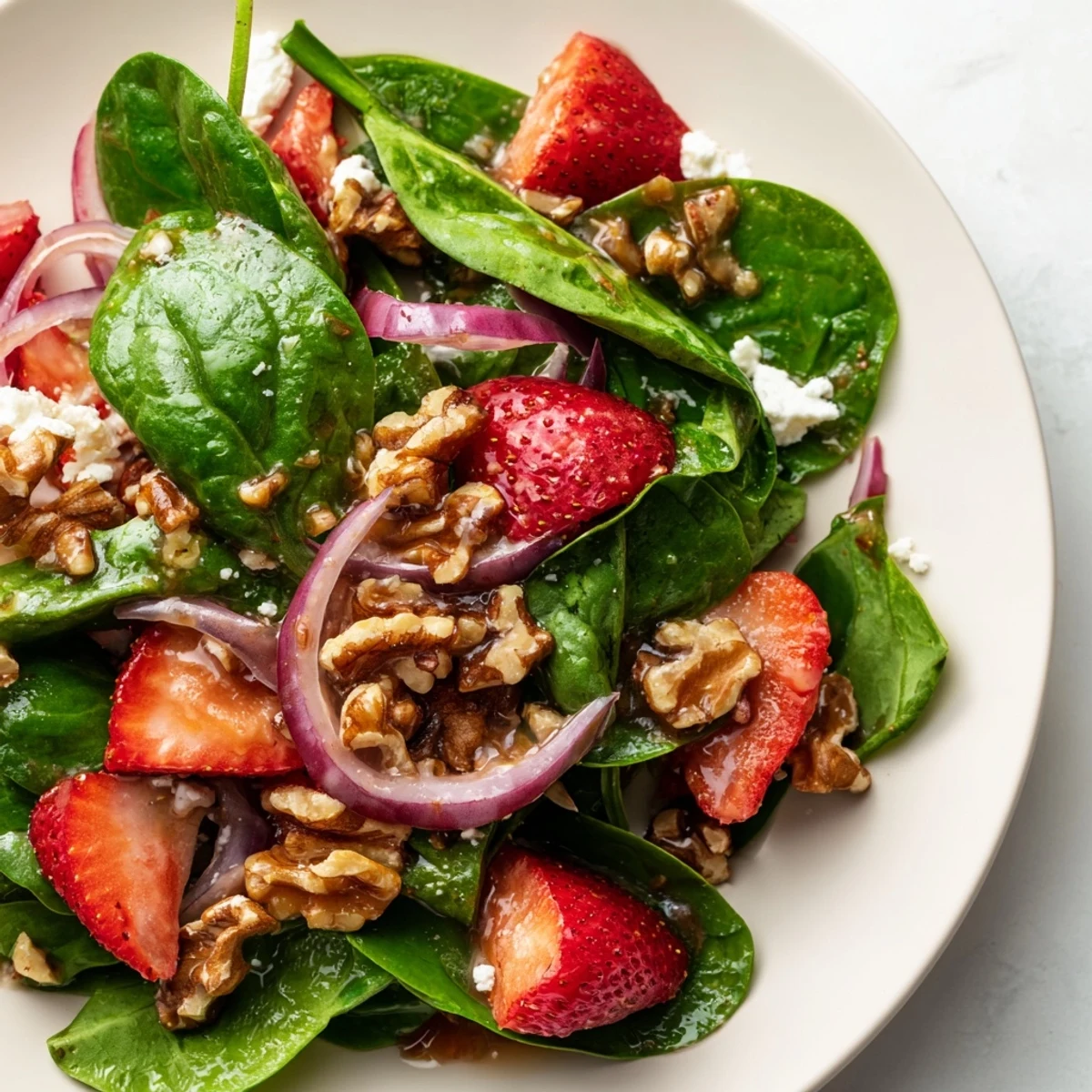 Toasted walnuts adding crunch to Strawberry Walnut Spinach Salad with Balsamic, tossed with vibrant greens and ruby berries.