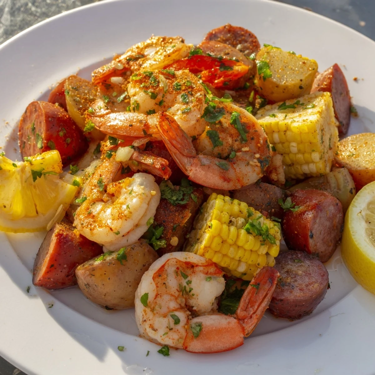 Sheet Pan Shrimp Boil with Corn and Potatoes topped with fresh parsley and lemon wedges.