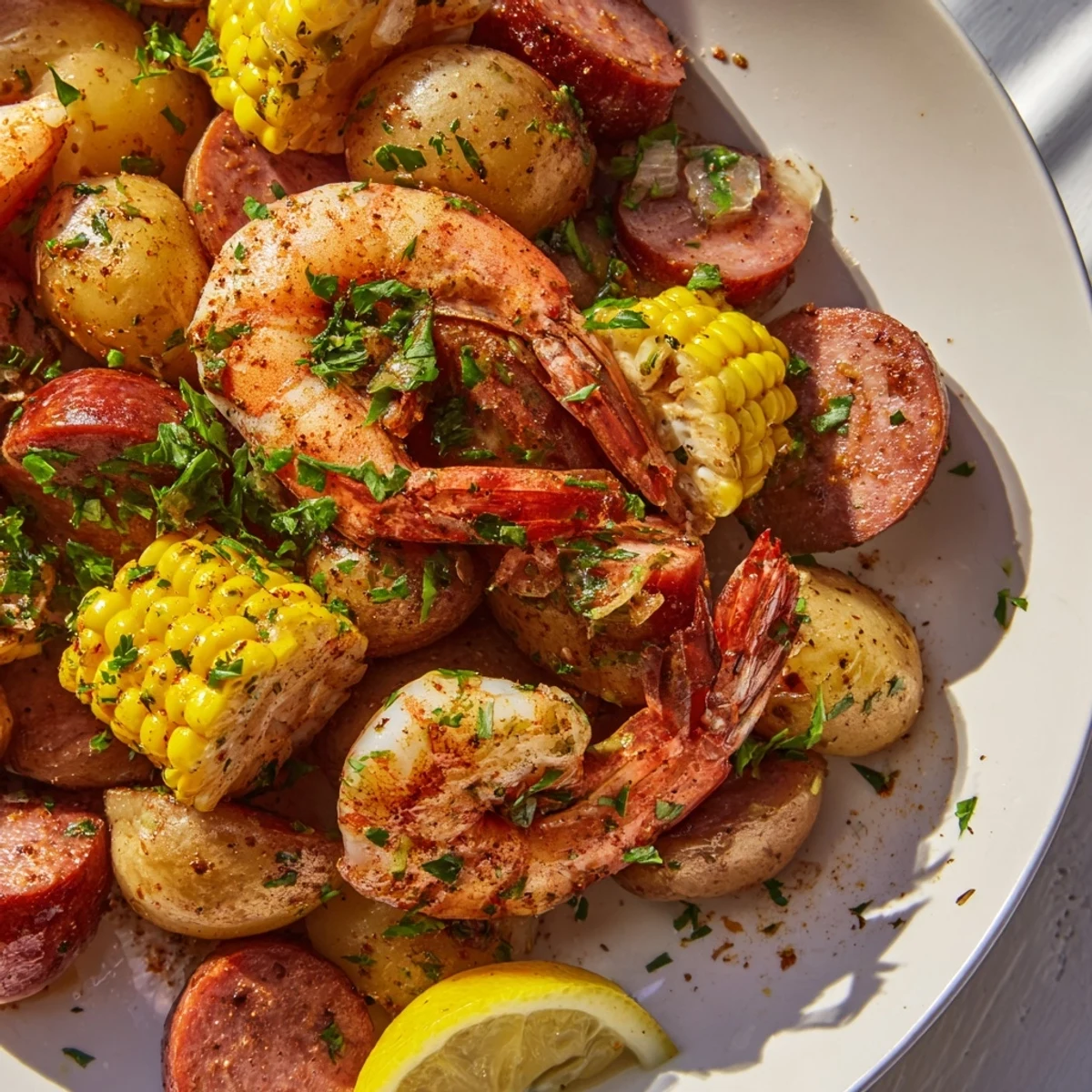 A finished Sheet Pan Shrimp Boil with Corn and Potatoes on a rustic pan ready to serve.