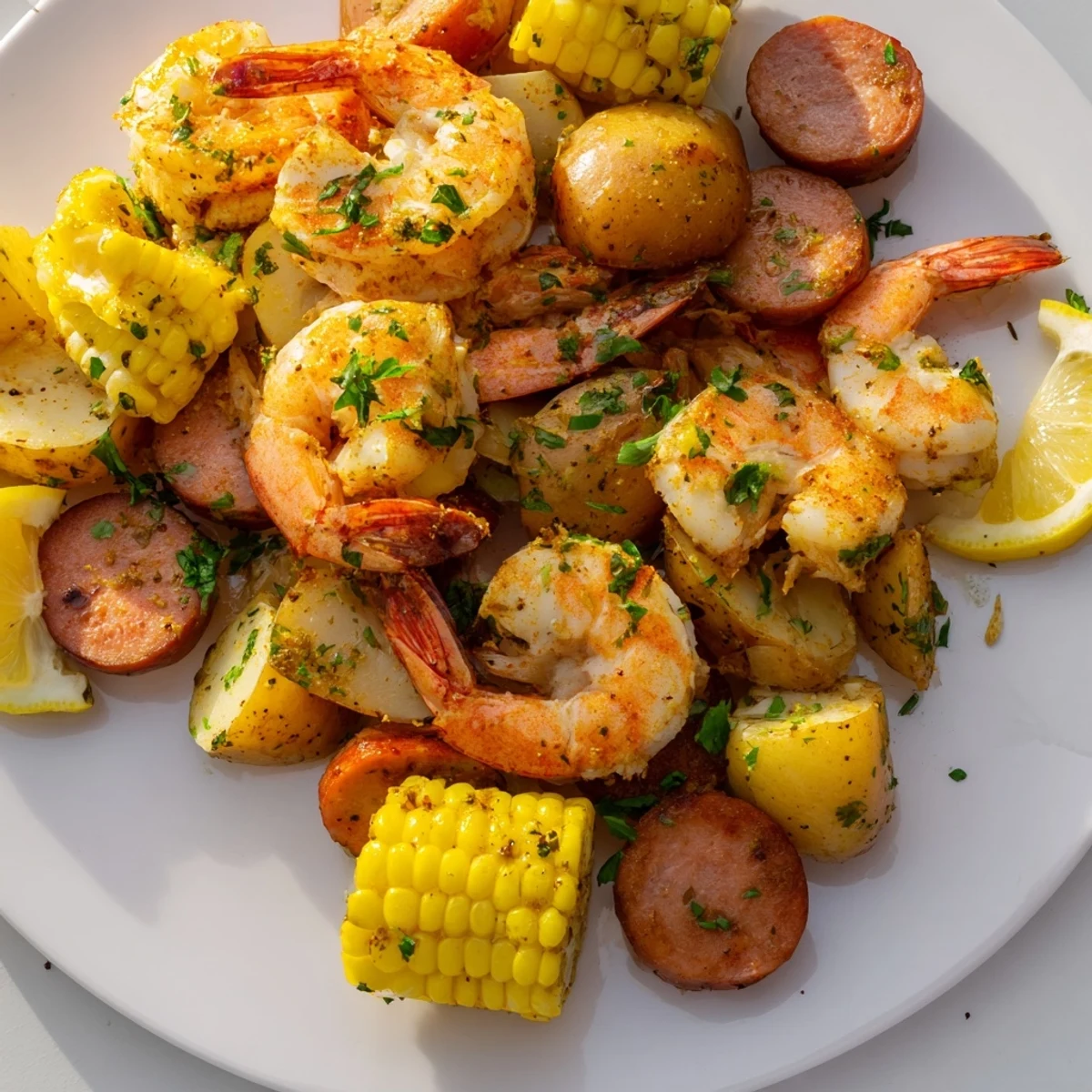 Roasted shrimp, corn, potatoes and sausage in a Sheet Pan Shrimp Boil with Corn and Potatoes.