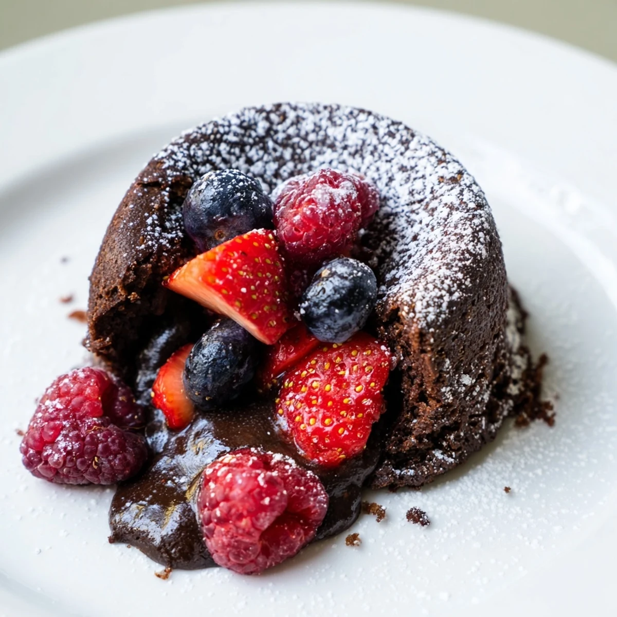 Warm Valentine Molten Chocolate Lava Cakes with fresh mixed berries and powdered sugar on a plate.