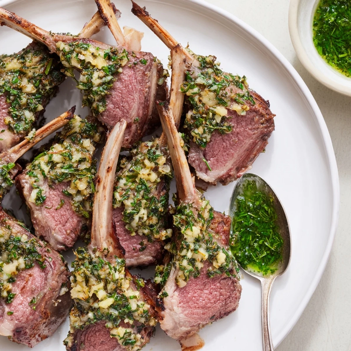 Garlic Herb Roasted Rack of Lamb with Mint Sauce, sliced into chops on a wooden board with vibrant green sauce.