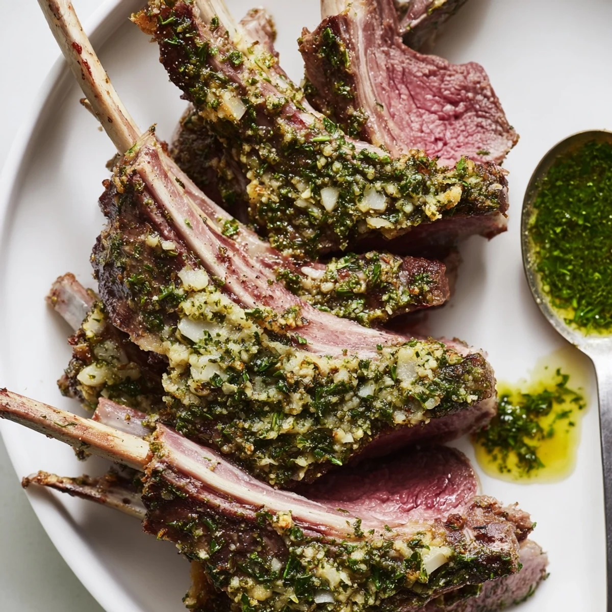 Sizzling Garlic Herb Roasted Rack of Lamb fresh from the oven, its herbs glistening and aromatic for serving.