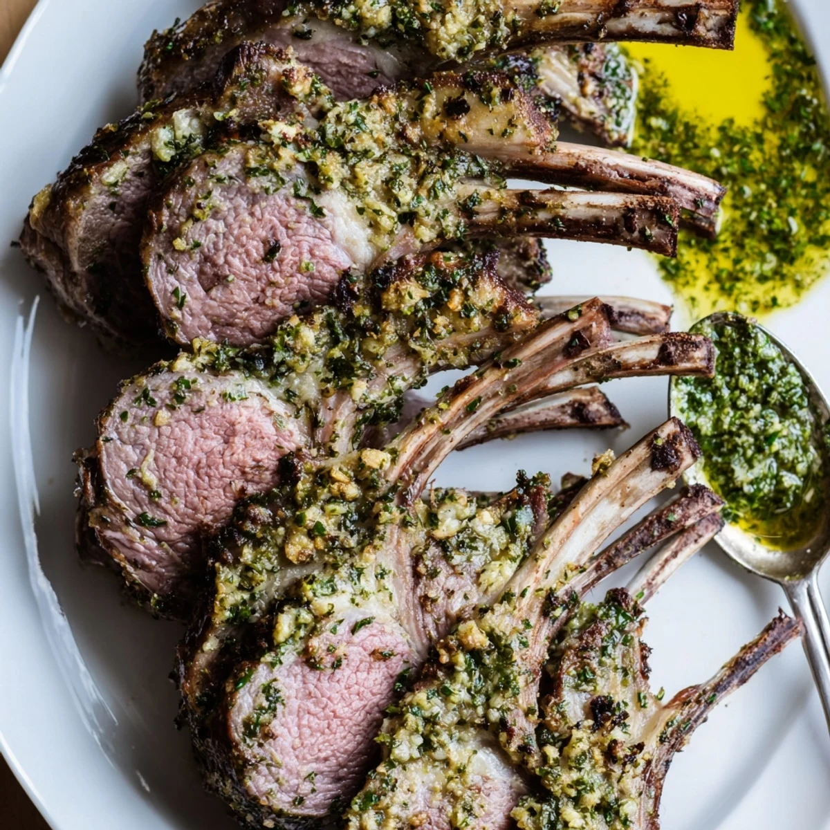 Gluten-free Garlic Herb Roasted Rack of Lamb plated with roasted potatoes, perfect for a Mediterranean-inspired dinner feast.