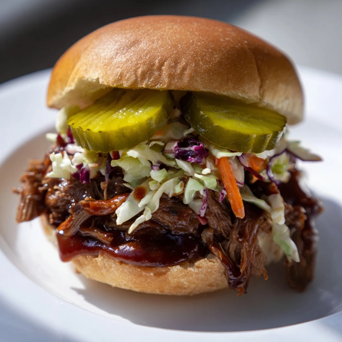 Tender, smoky Beef Brisket Sliders with coleslaw and pickles piled high on a soft bun.