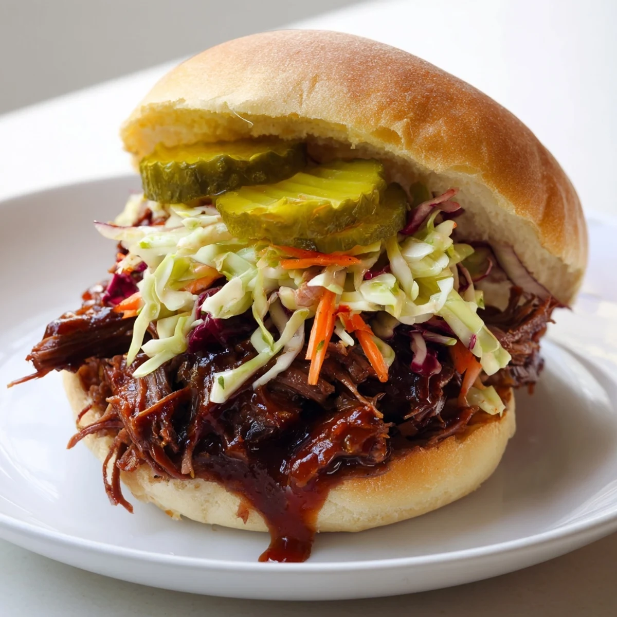Golden slider buns hold juicy Beef Brisket Sliders, tangy slaw, and crisp dill pickle chips.