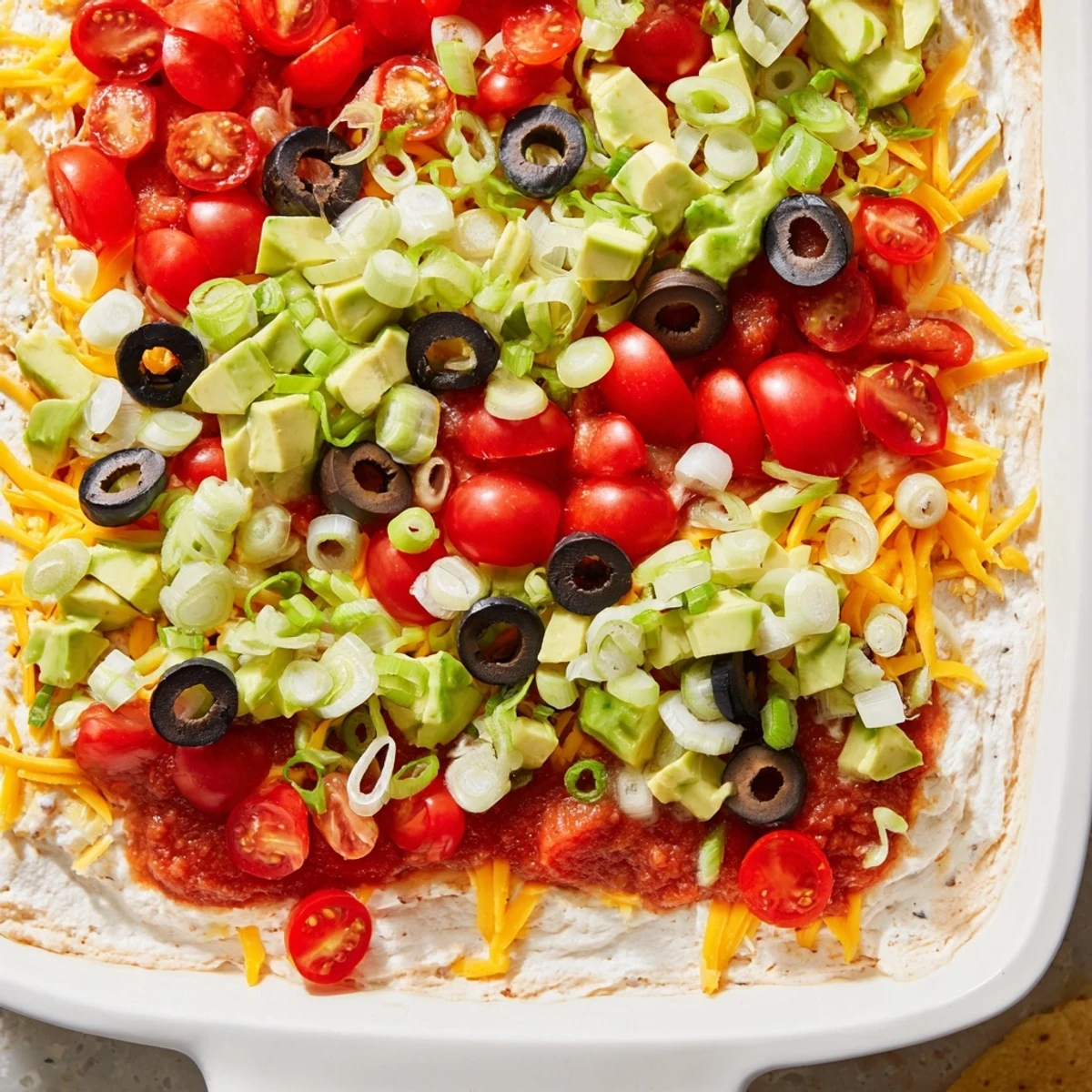 Freshly made Ultimate Layered Taco Dip with tortilla chips for scooping, featuring vibrant diced avocado and tomatoes.