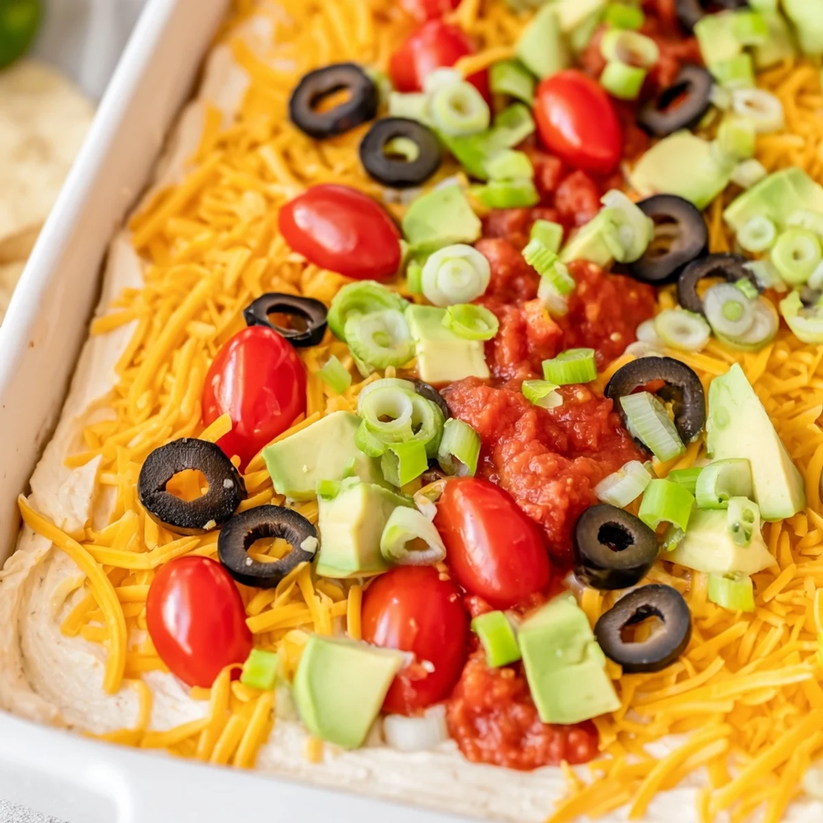 Close-up of the Ultimate Layered Taco Dip with melted cheese, black olives, and green onions, ready to be served.