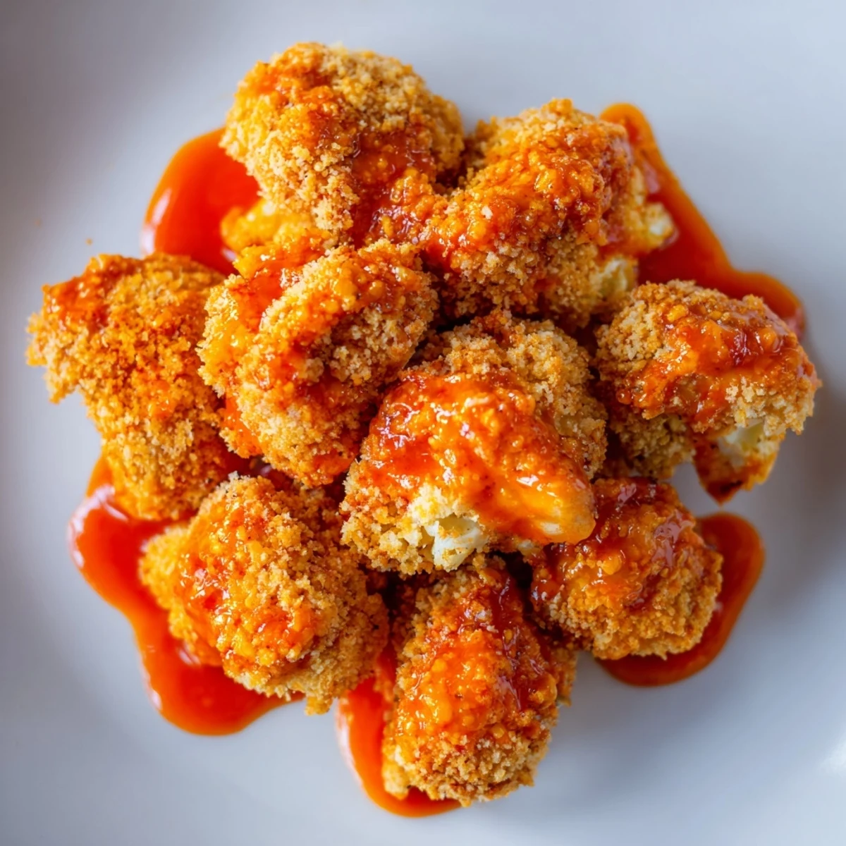 Golden Crispy Baked Cauliflower Bites glistening with tangy red buffalo sauce and fresh herbs on a plate.