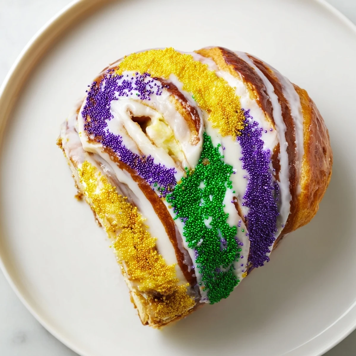 A freshly baked Mardi Gras King Cake with vibrant purple, green, and gold sugar glaze, ready for a festive celebration.