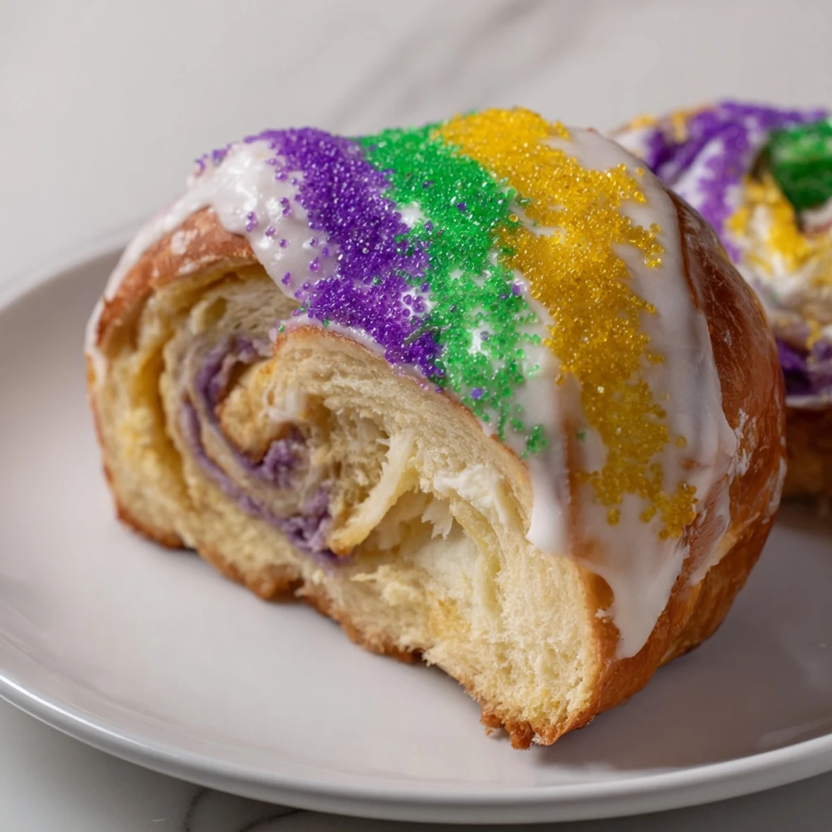 Perfectly sliced Mardi Gras King Cake reveals a luscious cream cheese filling inside the fluffy, golden brioche-style dough.