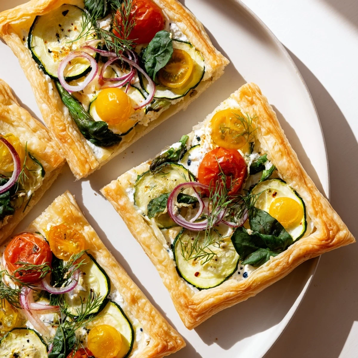 A close-up of a freshly baked Spring Vegetable Tart with Puff Pastry, showcasing flaky golden layers topped with zucchini, asparagus, and cherry tomatoes.