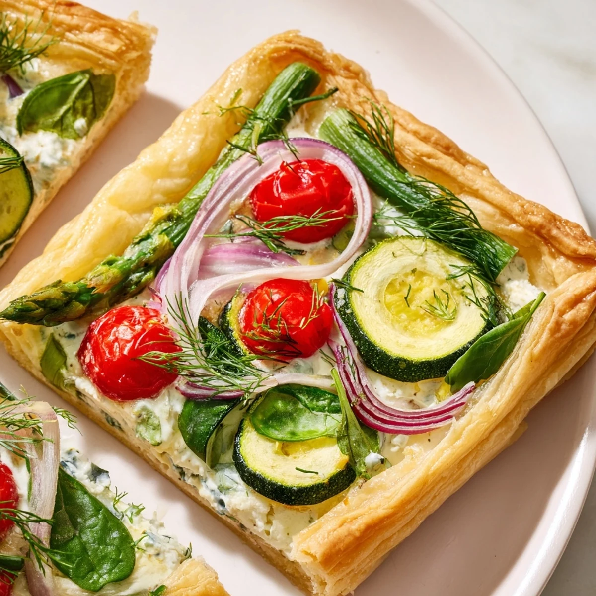 This Spring Vegetable Tart with Puff Pastry features creamy goat cheese filling and vibrant green spinach, perfect for a bright spring brunch on a sunny table.
