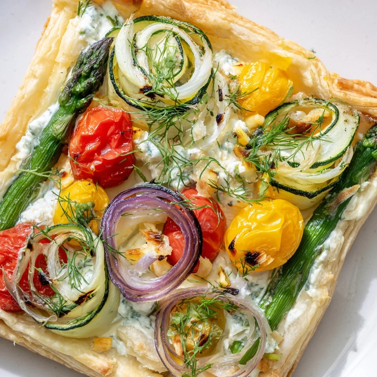 Sliced wedges of the warm Spring Vegetable Tart with Puff Pastry reveal a rich, cheese-filled center and tender, roasted vegetables, ideal for a light vegetarian lunch.