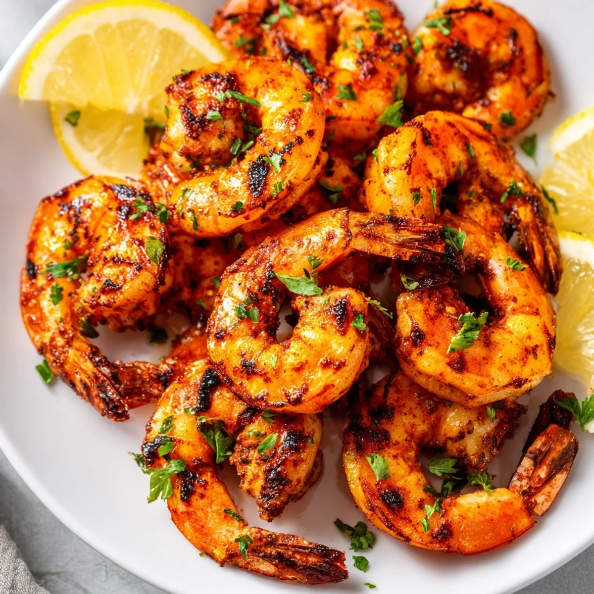 Juicy Cajun Spiced Grilled Shrimp on a platter, served with grilled vegetables and rice for summer gatherings.