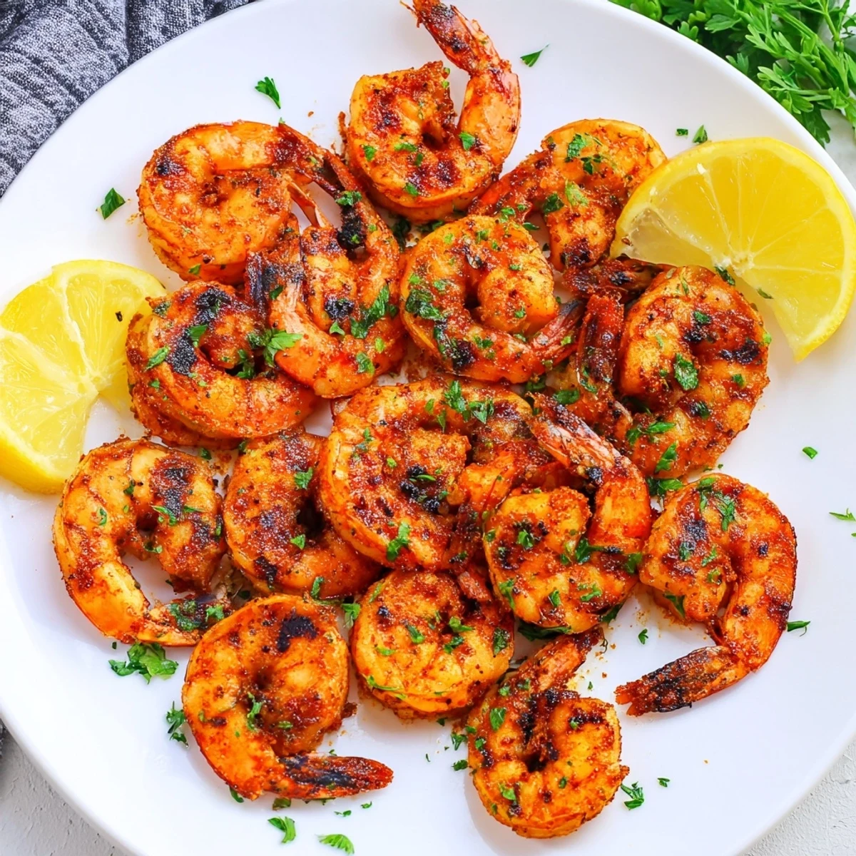 Sizzling Cajun Spiced Grilled Shrimp skewers with smoky char lines and fresh parsley garnish beside lemon wedges.