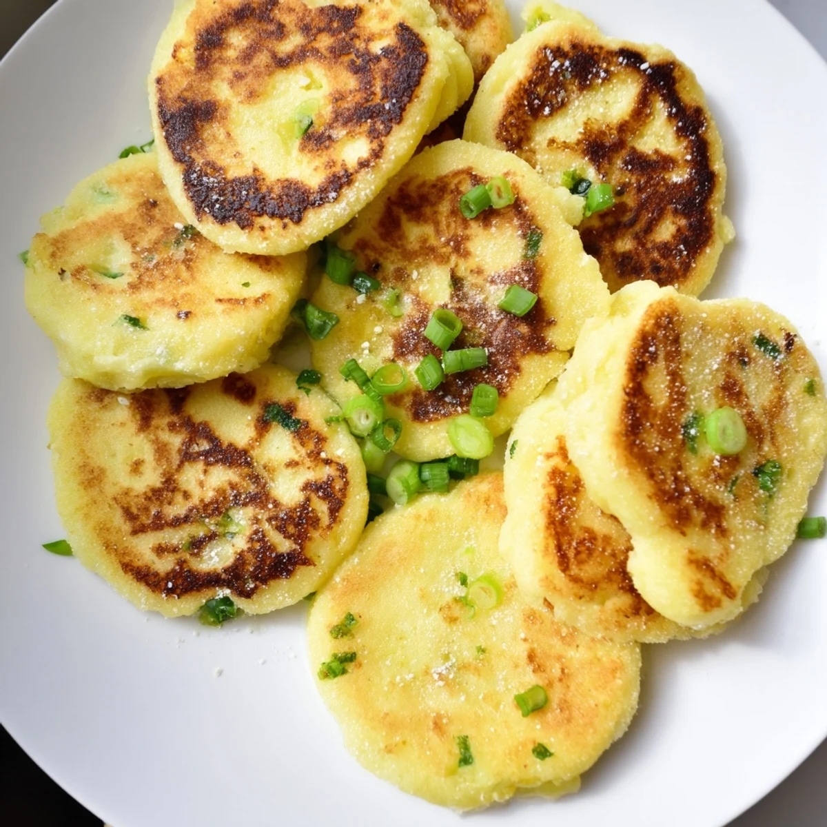 Eight freshly cooked Irish Potato Cakes with Scallions stacked on a rustic wooden board, ready for a traditional breakfast.  