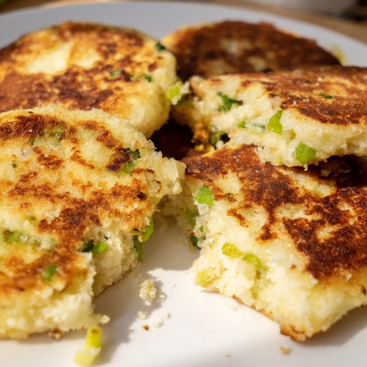 Close-up of golden-brown Irish Potato Cakes with Scallions served with a pat of melting butter on a ceramic plate.