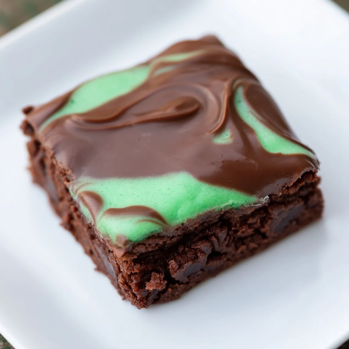 Vivid image of layered mint brownies on a rustic board, showcasing smooth glaze and creamy green filling. 