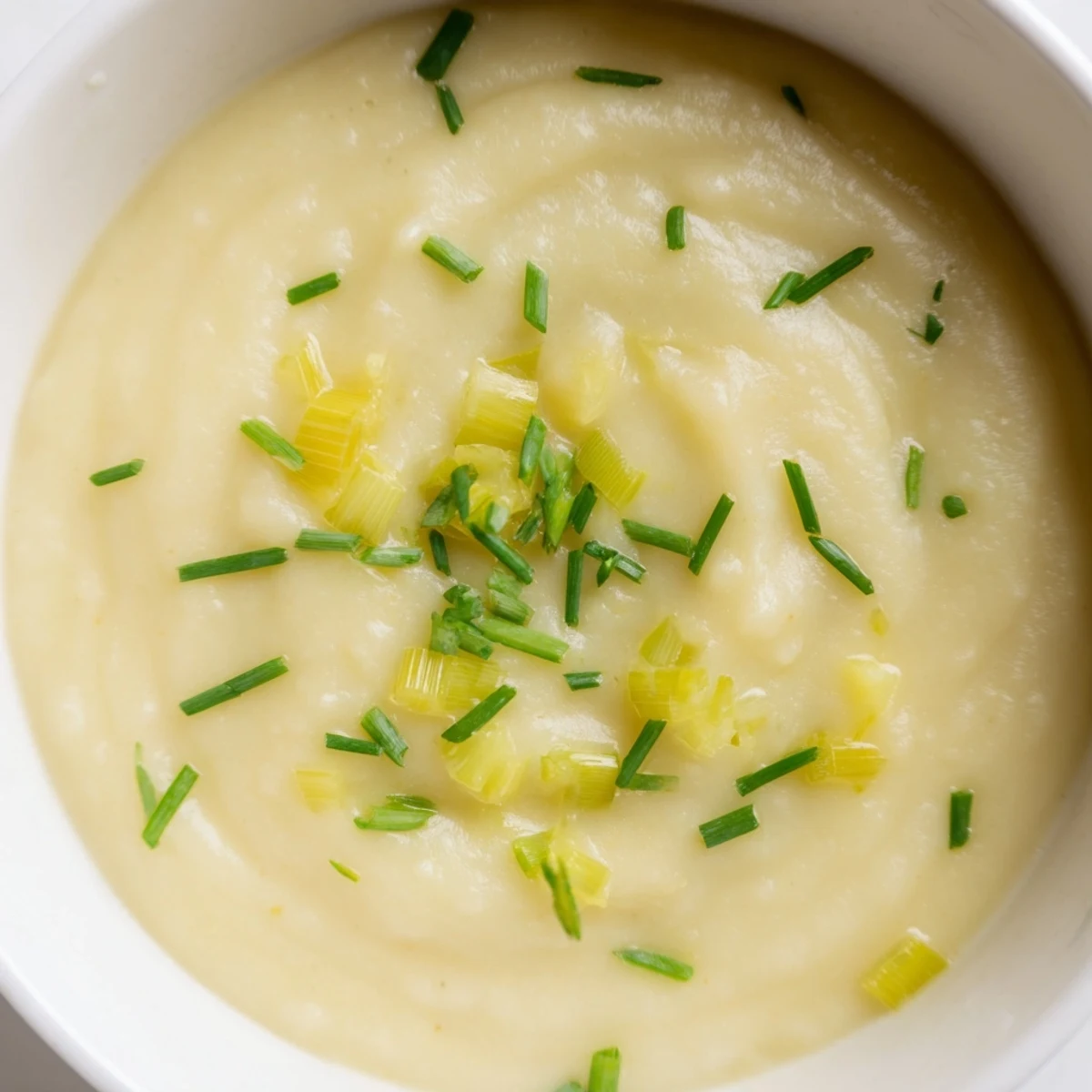 A bowl of creamy potato and leek soup garnished with fresh green chives, perfect for a chilly evening.