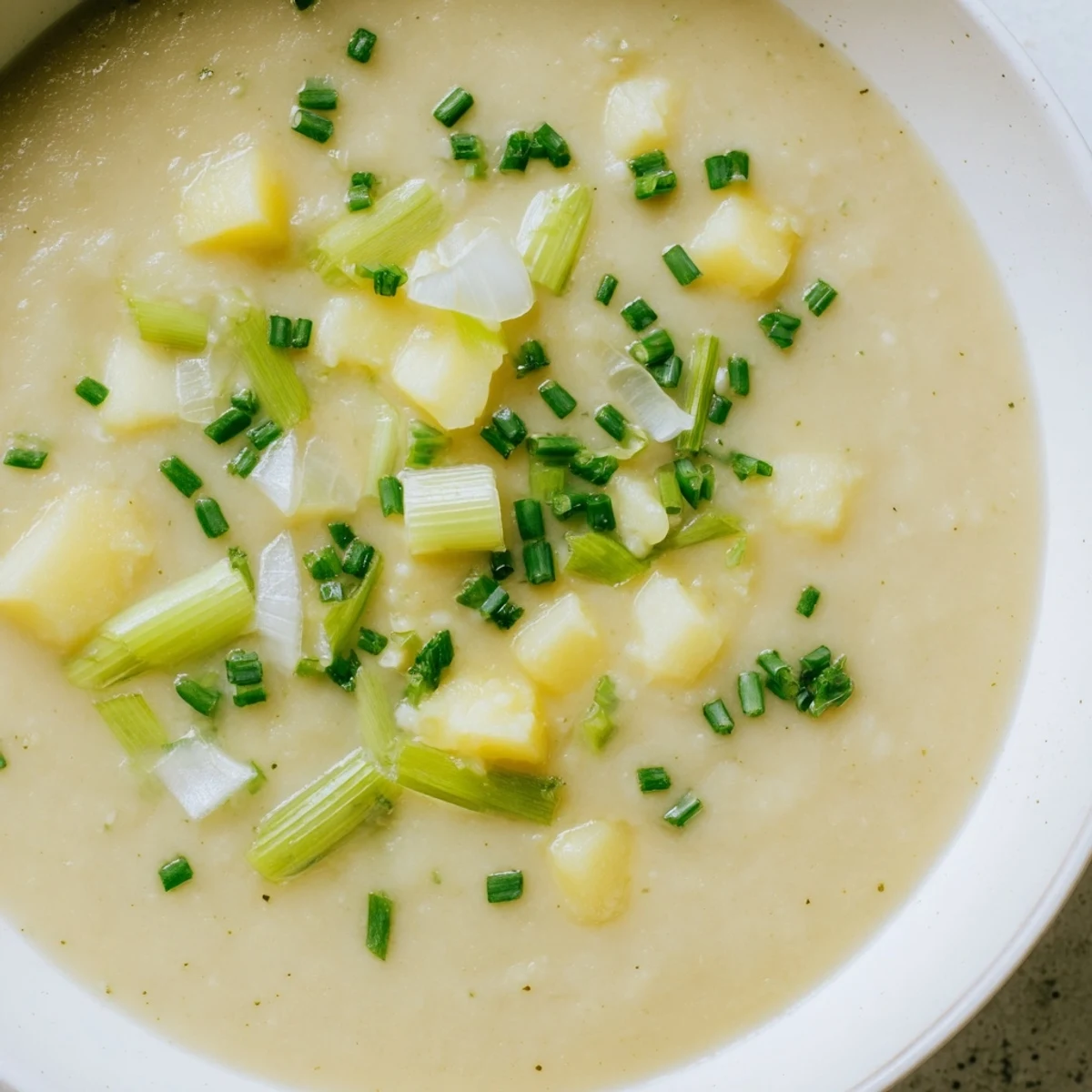 Creamy potato and leek soup in a rustic white bowl with a swirl of cream and a slice of crusty bread.
