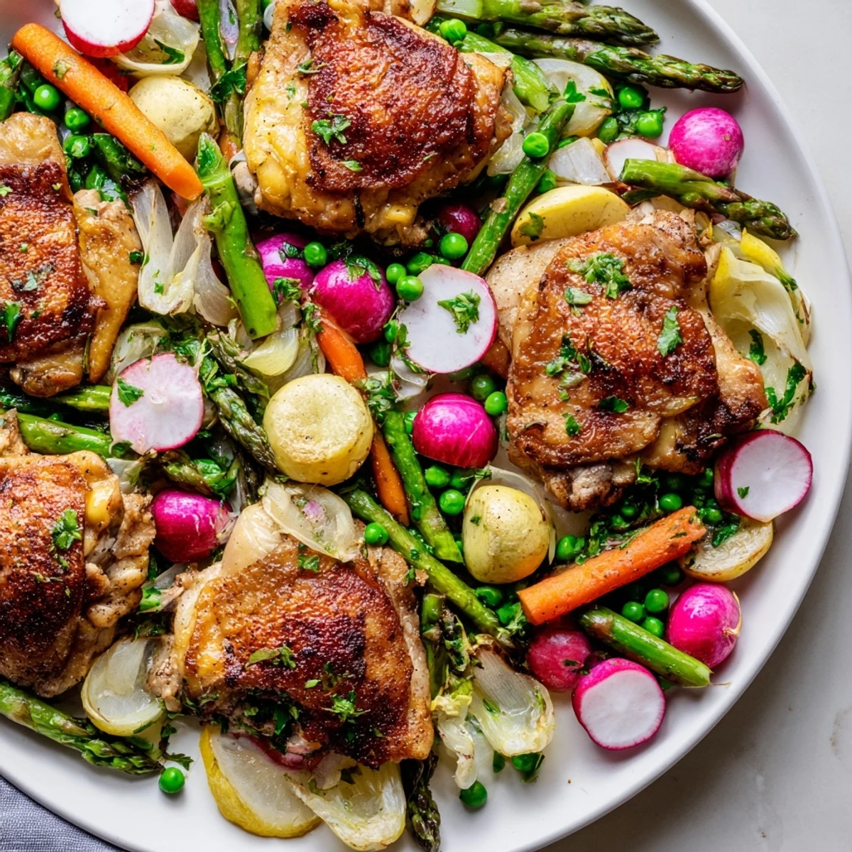 Crispy-skinned roasted chicken with spring vegetables like asparagus and carrots on a baking sheet.