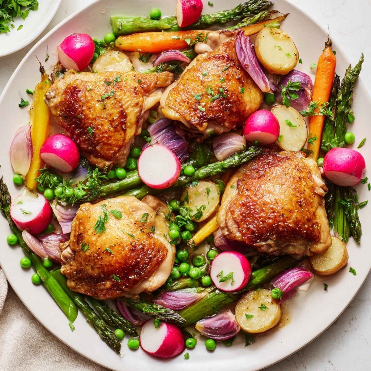Juicy roasted chicken with spring veggies garnished with parsley, perfect for an easy weeknight dinner.