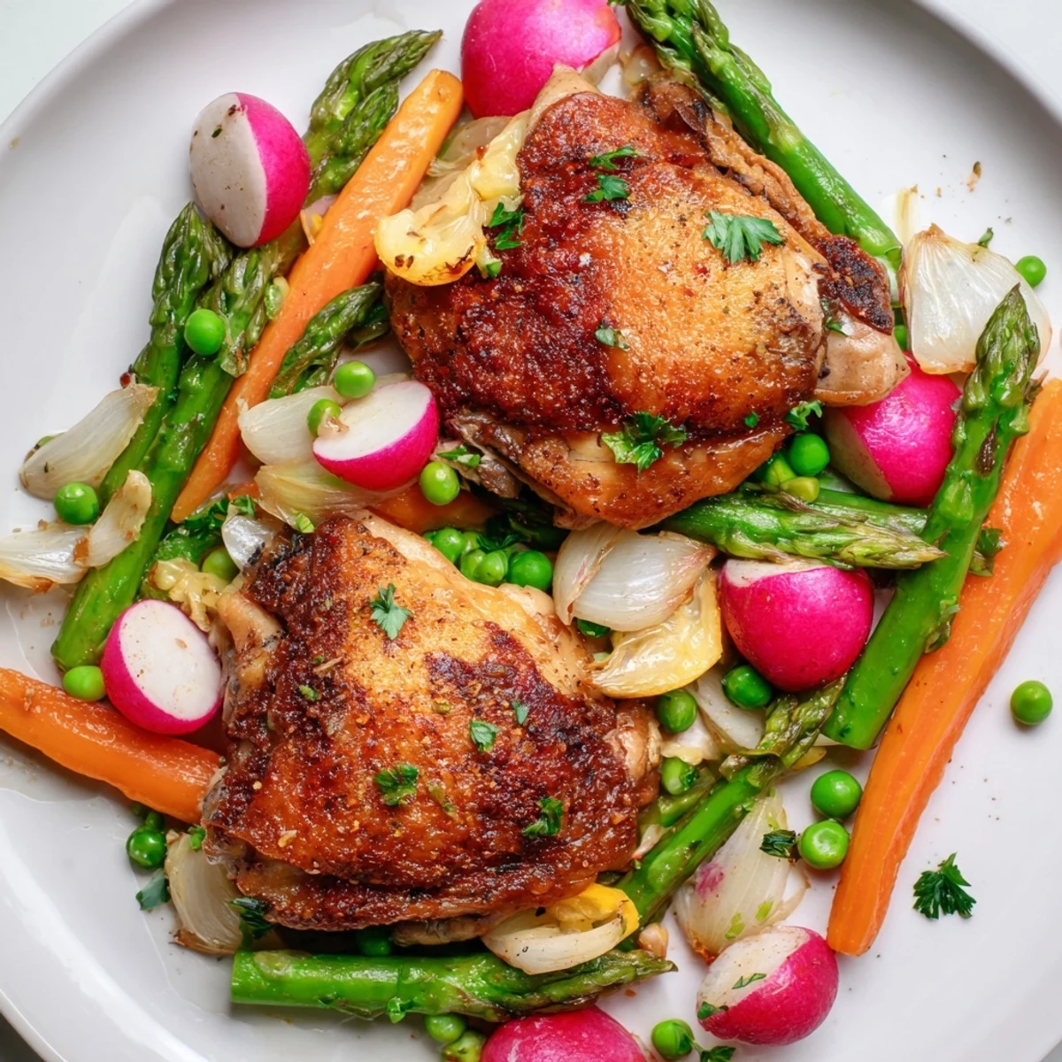 Golden roasted chicken thighs with peas, radishes, and lemon slices ready to serve.