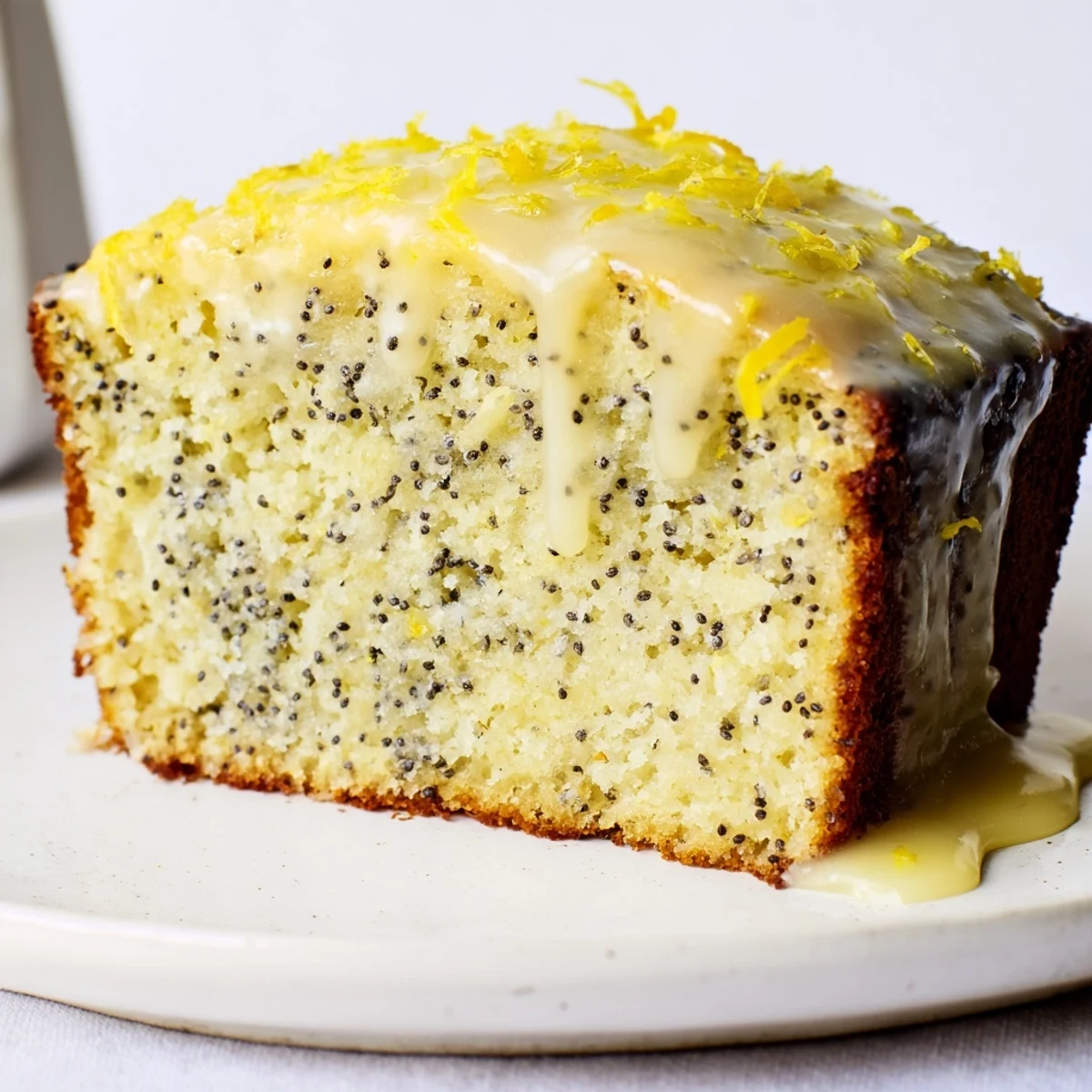 Golden-brown Lemon Poppy Seed Loaf with a glossy lemon glaze drizzled over the top, sliced to show the moist interior.