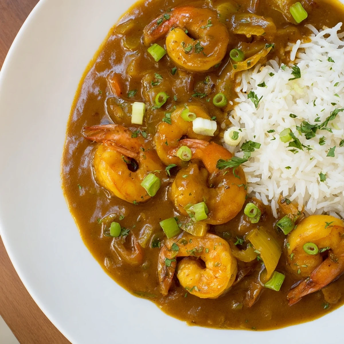 Steam rises from a bowl of Mardi Gras Shrimp Étouffée served over fluffy white rice with lemon wedges.