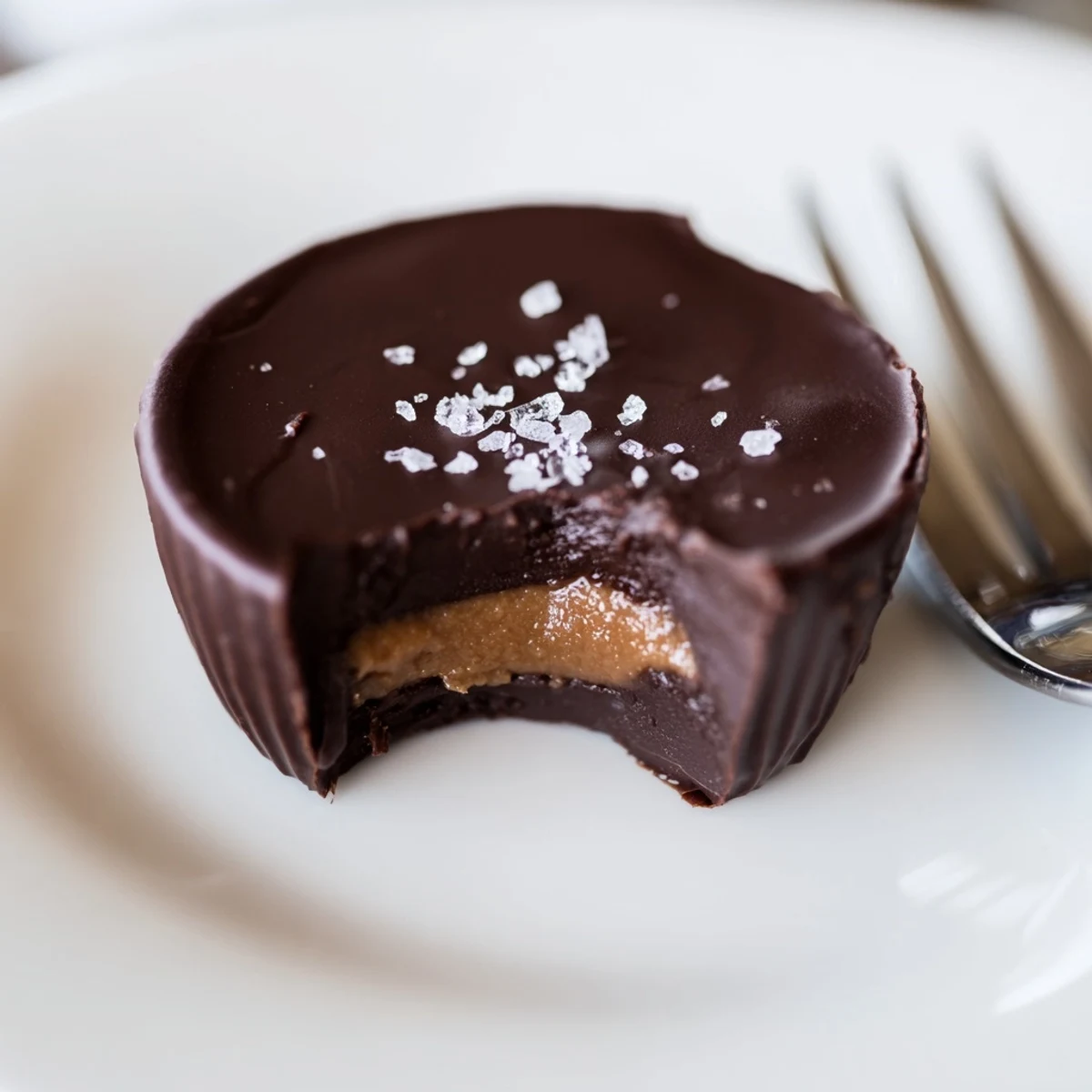Close-up view of a Chocolate Peanut Butter Cup showing smooth chocolate coating and rich peanut butter texture on parchment.  
