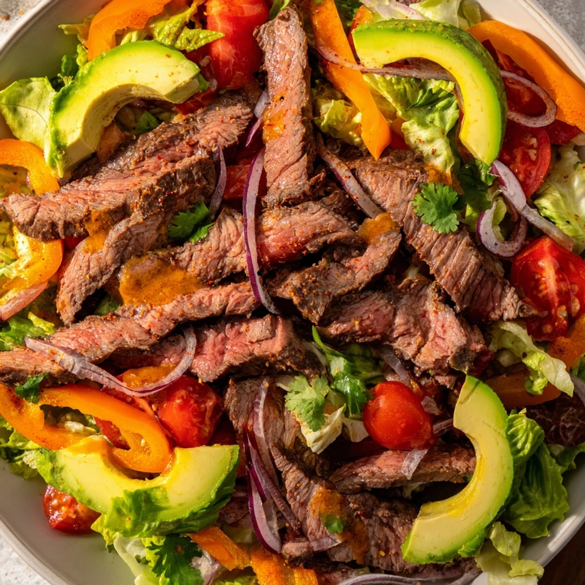 Freshly sliced avocado, cherry tomatoes, and shredded cheese garnish a vibrant bowl of Beef Fajita Salad with zesty lime dressing.