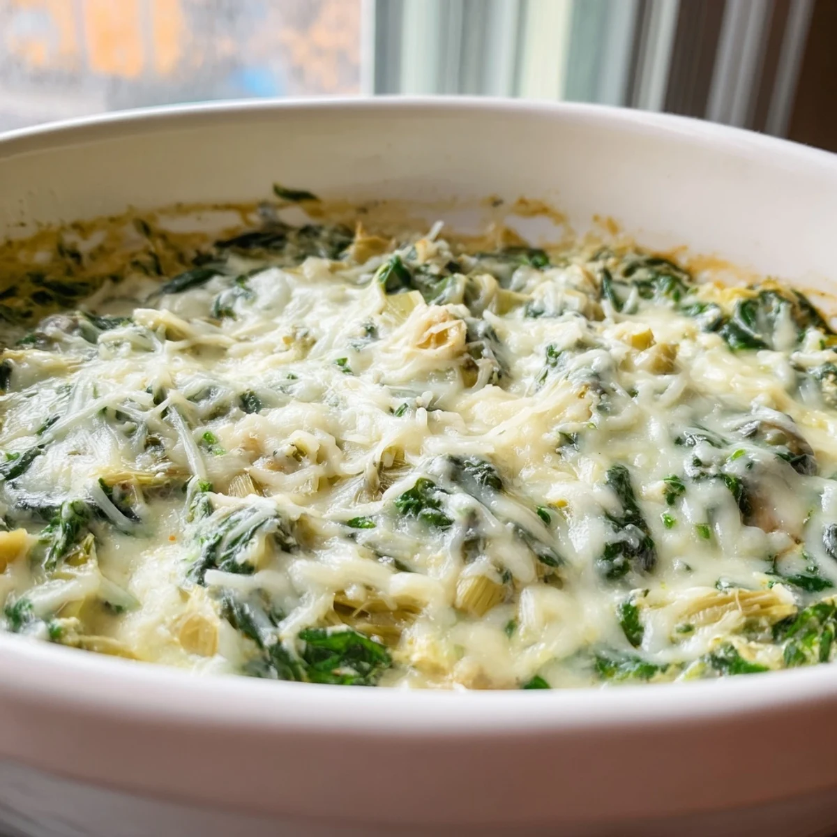 Golden bubbly creamy spinach and artichoke dip topped with melted mozzarella in a rustic white dish.  