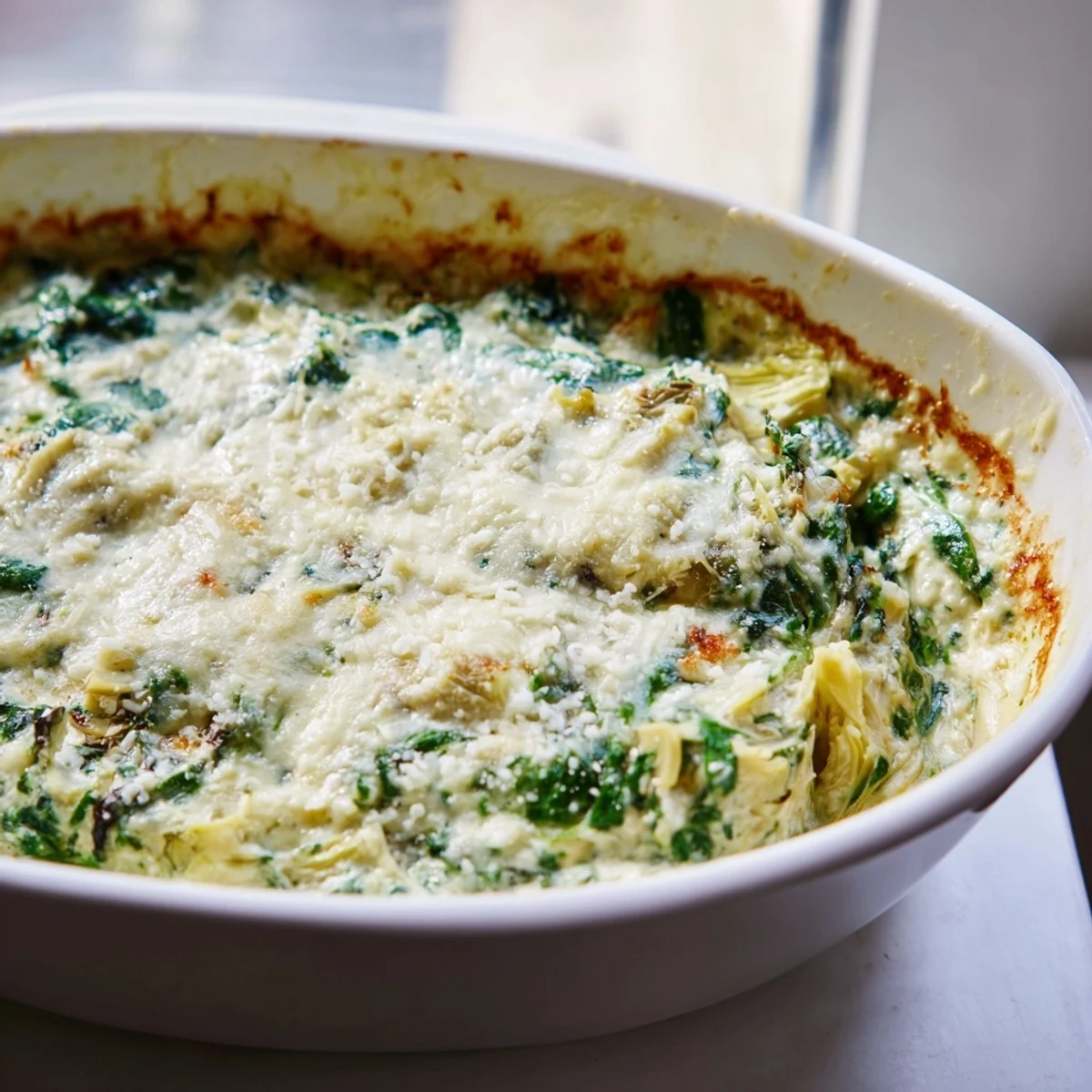 A warm skillet of creamy spinach and artichoke dip garnished with red pepper flakes for a party.  