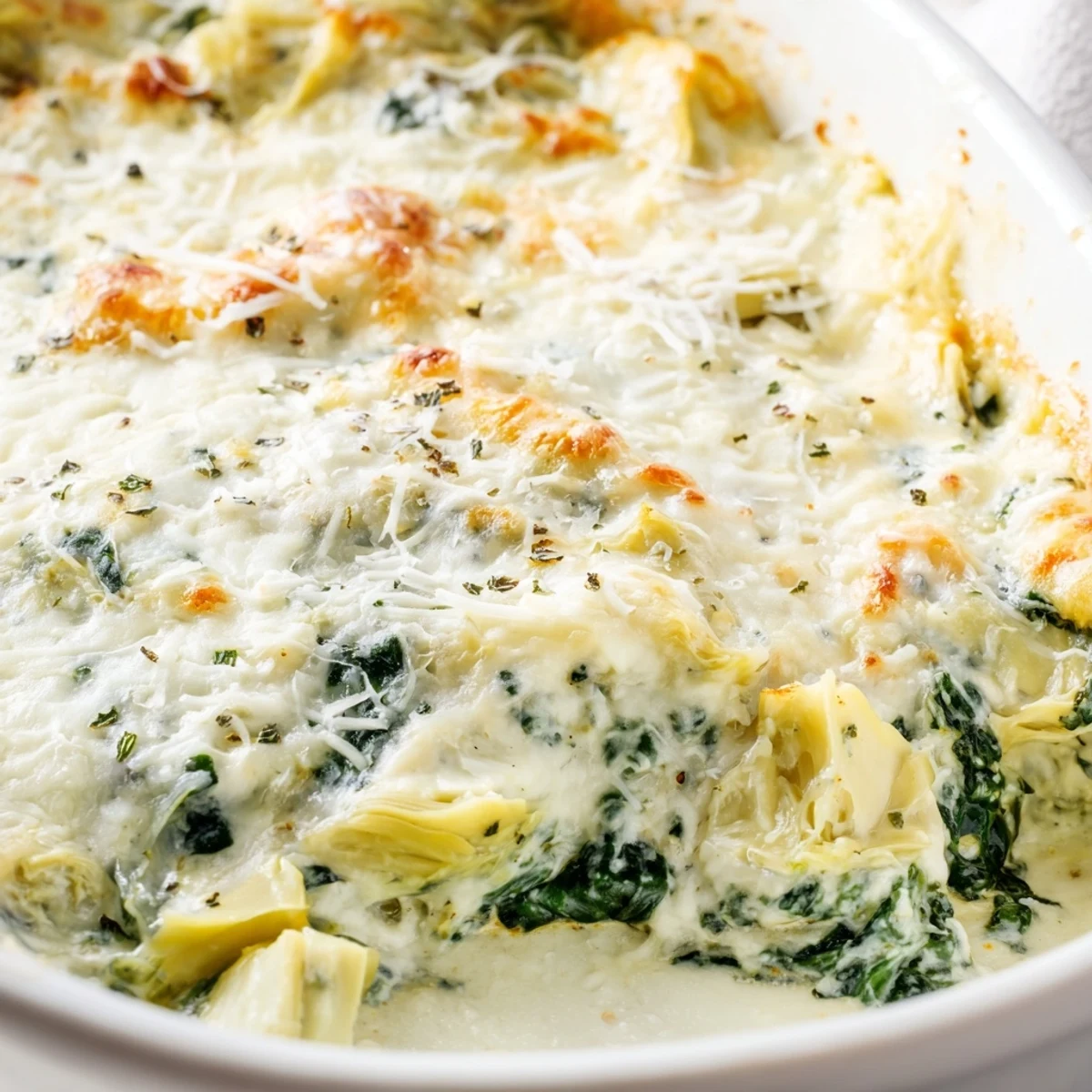 Homemade creamy spinach and artichoke dip served with crunchy tortilla chips and toasted baguette slices.